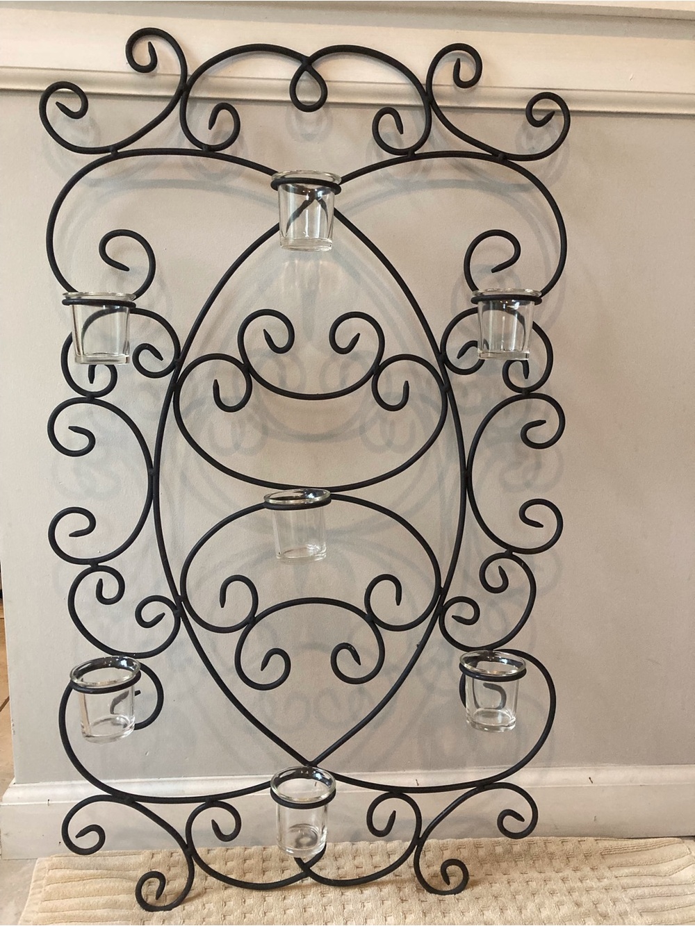Black Scrollwork Metal Wall Decor with 7 glass votives